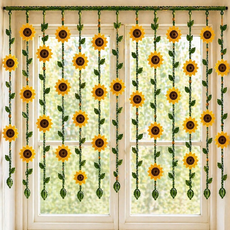 Full length crochet sunflower curtain strands with leaves and beads hanging decor
