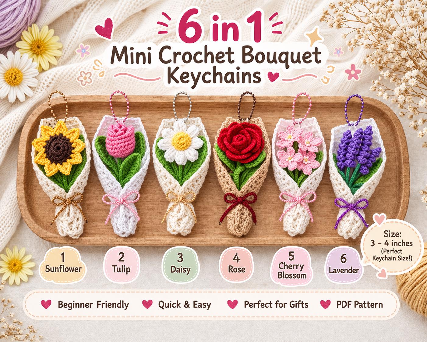 6-in-1 Mini Flower Bouquet Crochet Pattern PDF | Valentine's Gift