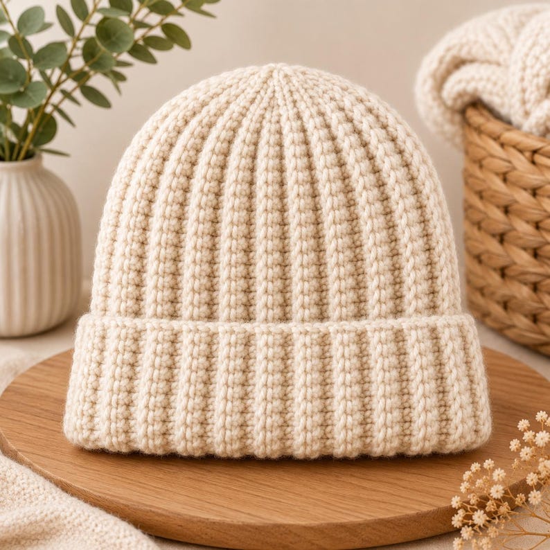 May include: A cream-colored beanie hat featuring a thick, vertical ribbed knit pattern and a wide, folded cuff at the base. The hat is constructed from a soft, textured yarn, showcasing a consistent, uniform stitch throughout the entire design.