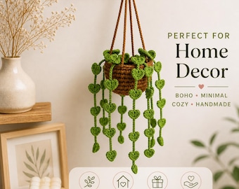 Crochet Hanging Plant Pattern, Heart Leaf Boho Decor, Beginner Amigurumi (PDF Download)