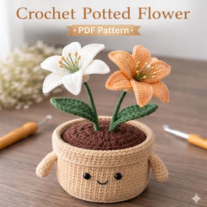 May include: A crocheted potted flower with a smiling face. The pot is tan with brown 'soil' and two flowers, one white and one orange. The text "Crochet Potted Flower" and "PDF Pattern" are at the top.