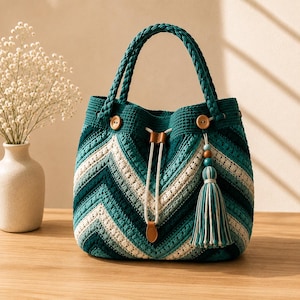 Patrón de bolso de ganchillo con estampado de chevrón, bolso de mano a rayas en zigzag, bolso de playa DIY, bolsos de hombro de verano.