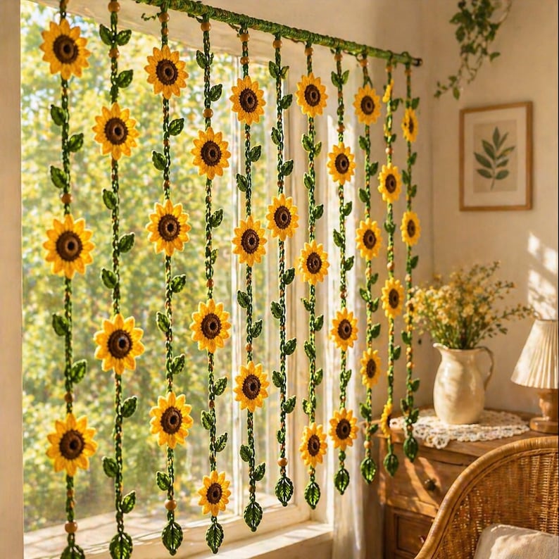 Crochet sunflower curtain pattern hanging on window, handmade floral garland PDF design