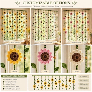 Crochet sunflower curtain pattern color variations yellow pink and cream options