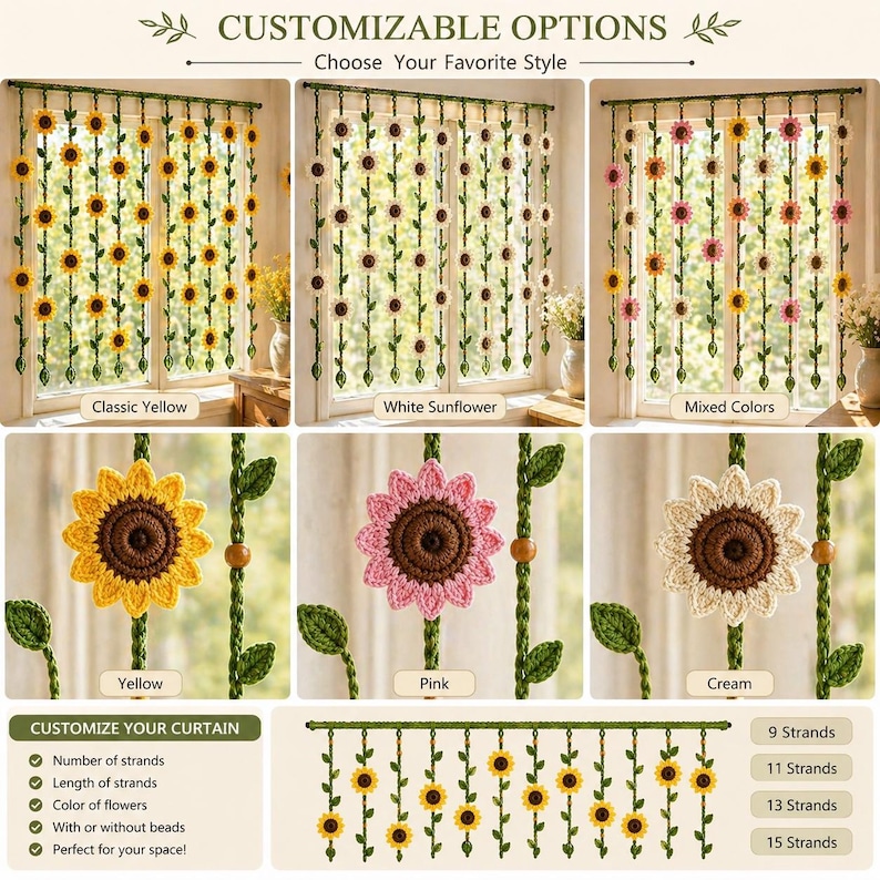 Crochet sunflower curtain pattern color variations yellow pink and cream options