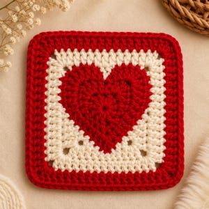 Heart Granny Square Crochet Pattern | Red Cream Motif (PDF Download)
