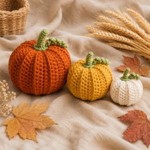 Può includere: Tre zucche realizzate all'uncinetto a mano in diverse dimensioni e colori. La più grande è arancione, la media è gialla e la più piccola è bianco sporco. Ogni zucca presenta una superficie a coste e un piccolo stelo verde chiaro.