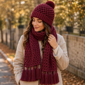 May include: A deep burgundy crochet beanie with a matching pom-pom and a long, thick crochet scarf featuring a textured open-stitch pattern and multiple dangling tassels at both ends, worn over a light beige coat in a cold outdoor setting.