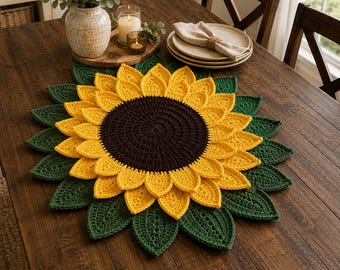 May include: A round crochet placemat designed to resemble a sunflower, featuring a dark brown center, two layers of bright yellow petals, and an outer ring of dark green leaves. The textured, handcrafted textile piece lies flat on a wooden surface.
