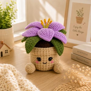 May include: A crocheted flower pot with a smiling face, featuring a large purple flower with green leaves. The pot is beige with small beige feet. The text "Enjoy the little things" is visible in the background.