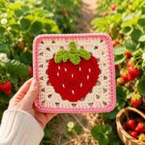 May include: A square crochet granny square featuring a central red strawberry motif with a green stem and white seed details. The strawberry is surrounded by a cream-colored openwork pattern and finished with a bright pink crocheted border edge.