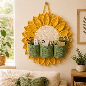 May include: A sunflower-shaped wall organizer made of crocheted yarn. The center is a cream-colored circle surrounded by yellow petals. Three sage green crocheted pockets are attached to the front, holding a smartphone, glasses, and pens.