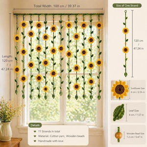 Crochet sunflower curtain size guide showing width length and strand measurements