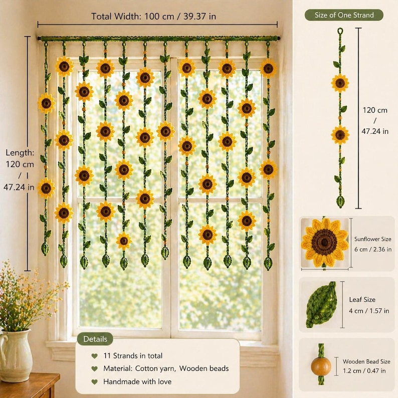 Crochet sunflower curtain size guide showing width length and strand measurements