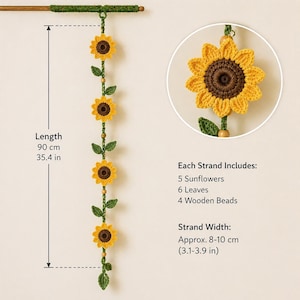 Crochet sunflower curtain size guide showing width length and strand measurements