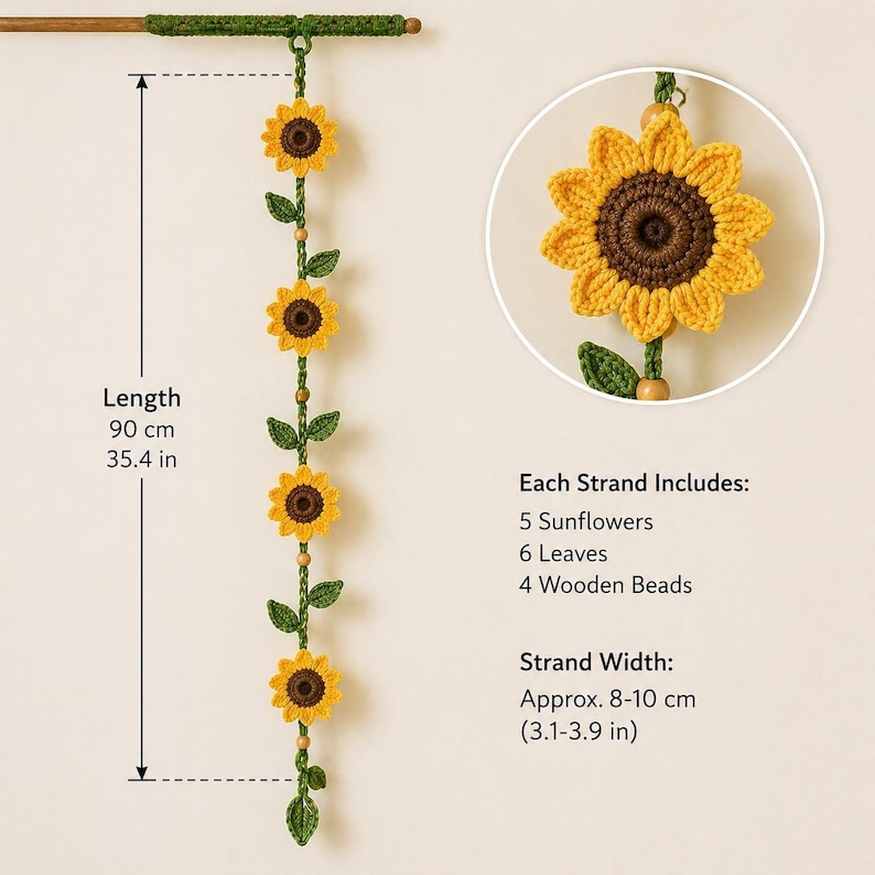 Crochet sunflower curtain size guide showing width length and strand measurements