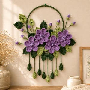 Mönster för virkad väggbonad med blommig båge (PDF), Boho blomkransdekoration