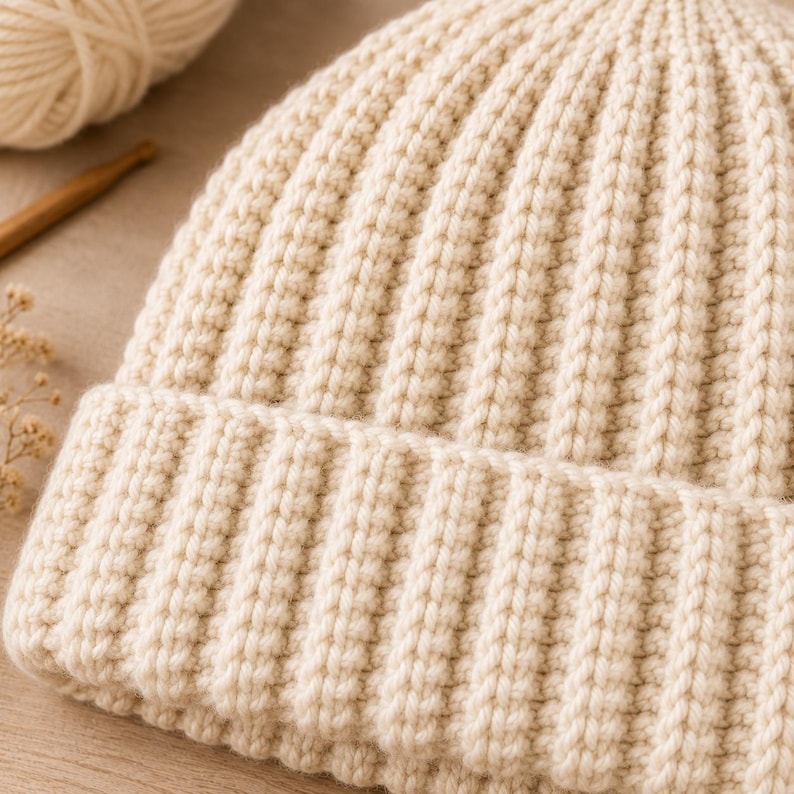 May include: A cream-colored knit beanie featuring a thick, vertical ribbed texture and a wide, folded brim. The hat is constructed with a consistent, chunky yarn stitch pattern that runs from the crown down to the bottom edge of the folded cuff.