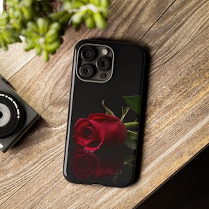 Romantic Realist Red Rose Phone Case. Classic Flower Design with Reflection on Black Background