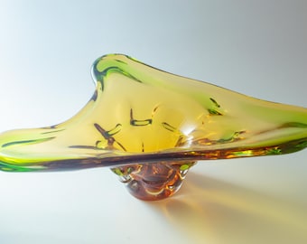 Vintage František Zemek Niagara Art Glass Bowl • Mstisov Handblown Czech Glass • Green Amber