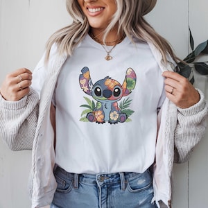 Tropical Alien Embroidery Design, Floral Hibiscus Stitch File with Jungle Leaves, Cute Hawaiian Character Pattern Download