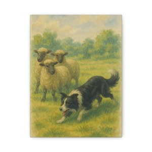 Border Collie and Sheep Canvas Art Print, Animal Decor, Farmhouse Wall Art, Dog Lover Gift, Rural Home Decoration