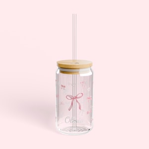 Personalizable Pink Bow Coquette Glass Sipper Cup, 16oz | Cute Drinkware, Gift for Her, Iced Coffee Glass, Matcha Glass, Bridal Shower
