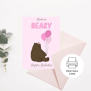 Carte d'anniversaire imprimable ours amusant | Ours mignon avec des ballons roses | Carte d'anniversaire numérique | de voeux | Imprimez à la maison | Téléchargement numérique |