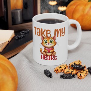 Cute Cat Lovers Ceramic Mug - &quot;Take My Heart&quot;, Gift for Cat Owners, Pet Lovers, Birthday, Valentine&#39;s Day, Home Decor, Coffee Tea Cup