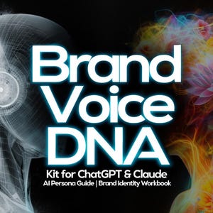 Op de afbeelding: Een digitale afbeelding met de tekst "Brand Voice DNA" in grote, heldere witte letters tegen een donkere achtergrond. De afbeelding bevat een draadmodel van een hoofd en een kleurrijk, abstract ontwerp met bloemen. De tekst "Kit for ChatGPT & Claude" is ook zichtbaar.