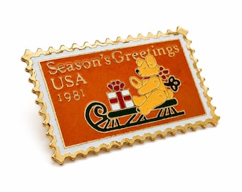 Vintage 1981 Teddy Bear Stamp Lapel Pin | Jayne Co. Christmas Brooch