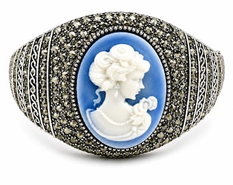 Vintage Blue Cameo Clamper Bracelet | Victorian Revival Silver Tone Marcasite Cuff