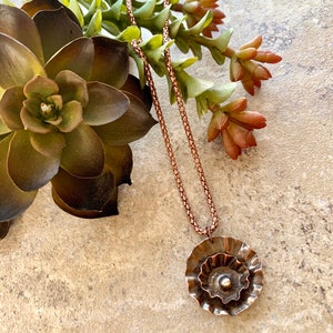 Folded Copper Flower Pendant Necklace, Rustic Jewelry image 4