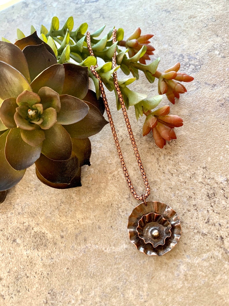 Folded Copper Flower Pendant Necklace, Rustic Jewelry image 4