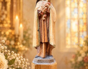 ANRI Saint Therese of Lisieux Wood Figurine, Vintage Italian Hand Carved Saint Statue, Little Flower Catholic Religious Collectible