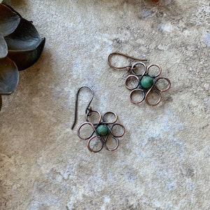 Flower and Turquoise Earrings Copper Wire Wrap