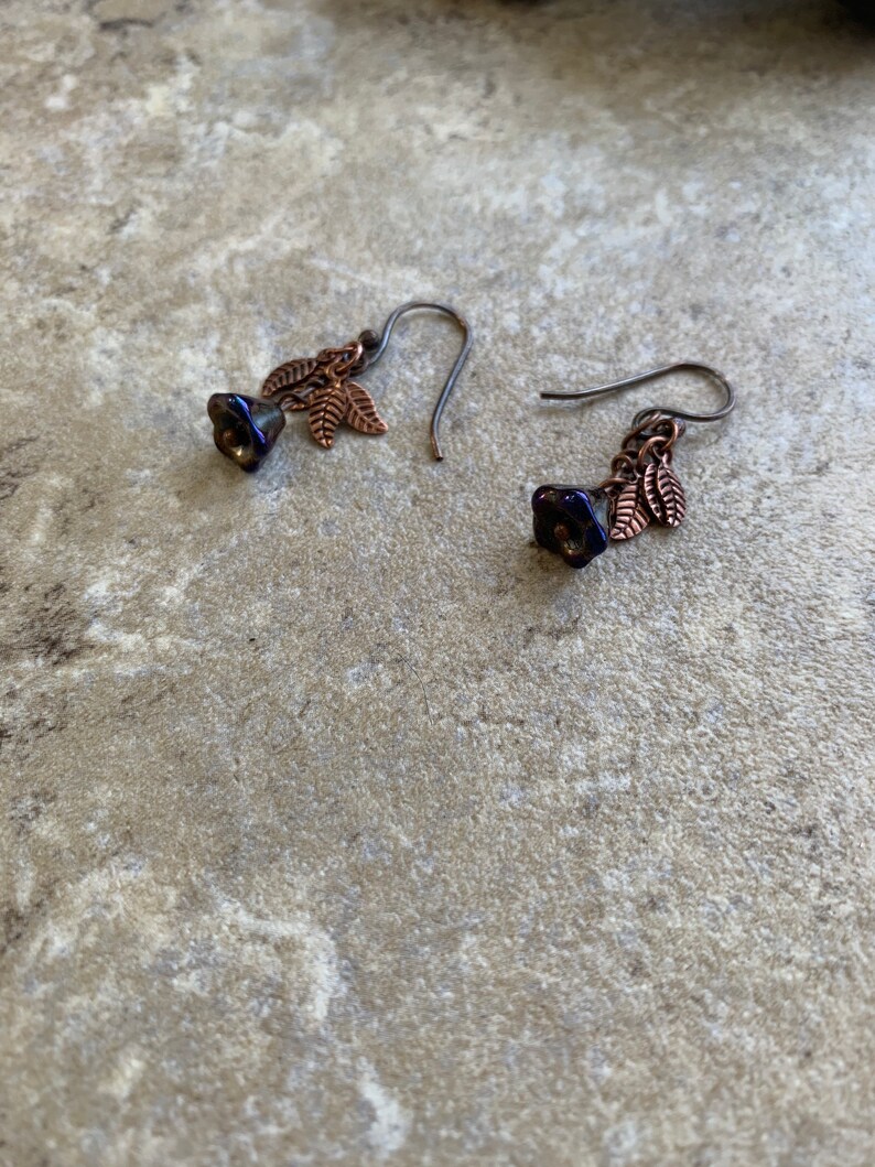 Purple Flower Leaf Copper Earrings
