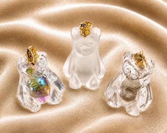Vintage Crystal Teddy Bear Pendants, Clear Frosted Miniature Animal Charms