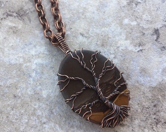 Picture Jasper Tree of Life Pendant Necklace, Wire Wrap Tree Of Life Picture Stone Pendant