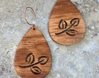 Leaf Long Dangle Earrings Wood Burned Pyrography