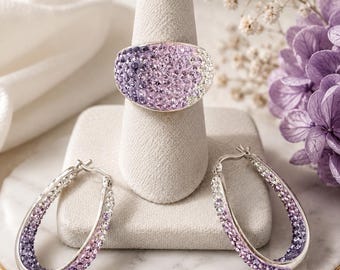 Sterling Silver Ombré Crystal Ring and Teardrop Earrings Set | Lavender Pavé Jewelry
