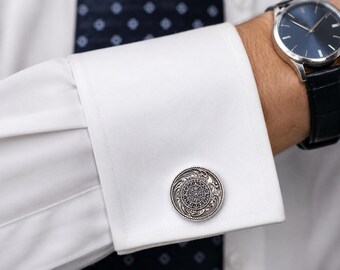 Vintage Sterling Silver Aztec Calendar Cufflinks, Hand Engraved Mexican Scrollwork 1940s
