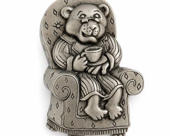 Vintage JJ Teddy Bear Brooch: Armchair, Teacup, Antiqued Silver-Tone Animal Pin