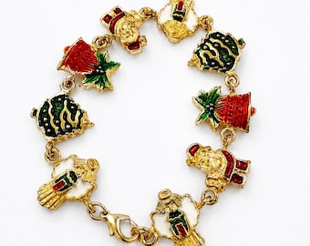 Vintage Gold-Tone Enamel Christmas Charm Bracelet: Santa, Bells, Trees (Holiday Jewelry)