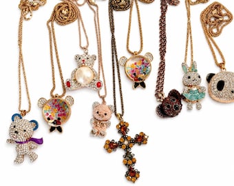 Betsey Johnson Necklace Lot of 9 Crystal Animal Bear Bunny Statement Pendant Jewelry