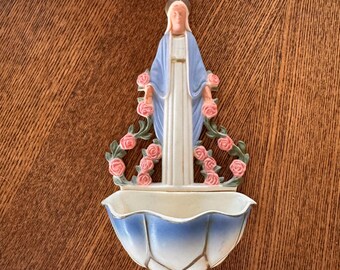 Virgin Mary Holy Water Font with Roses – Vintage Hartland Plastics Catholic Wall Font – Religious Devotional Decor