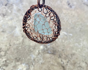 Dreamcatcher Beach Glass Pendant Wire Wrapped in Copper