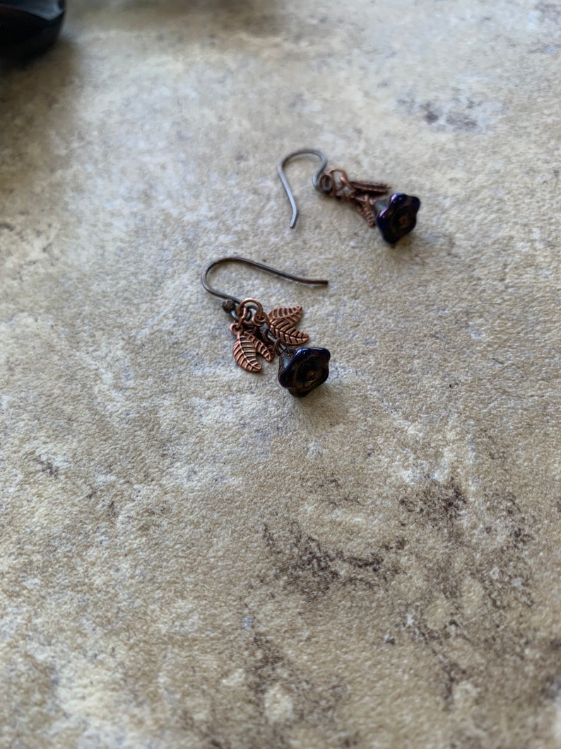 Purple Flower Leaf Copper Earrings
