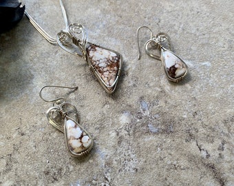 Necklace Earring Set, Wild Horse Stone, Sterling Wrapped Pendant Liquid Silver Necklace