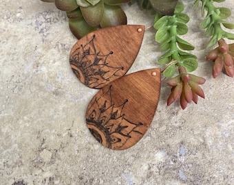 Mandala Long Dangle Earrings Wood Burned by Hand, Pyrography Earrings